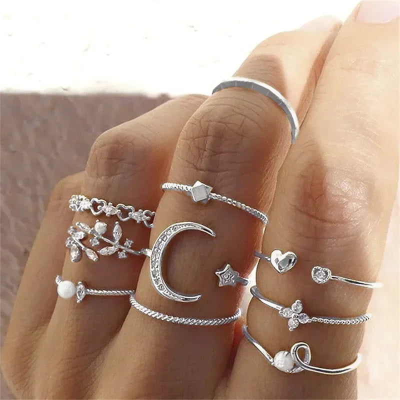 10Pcs Rings Suit For Women Silver-color Chain Ring Set Bohemian Style Coin Snake Moon Star Party Trend Gift Jewelry  rings