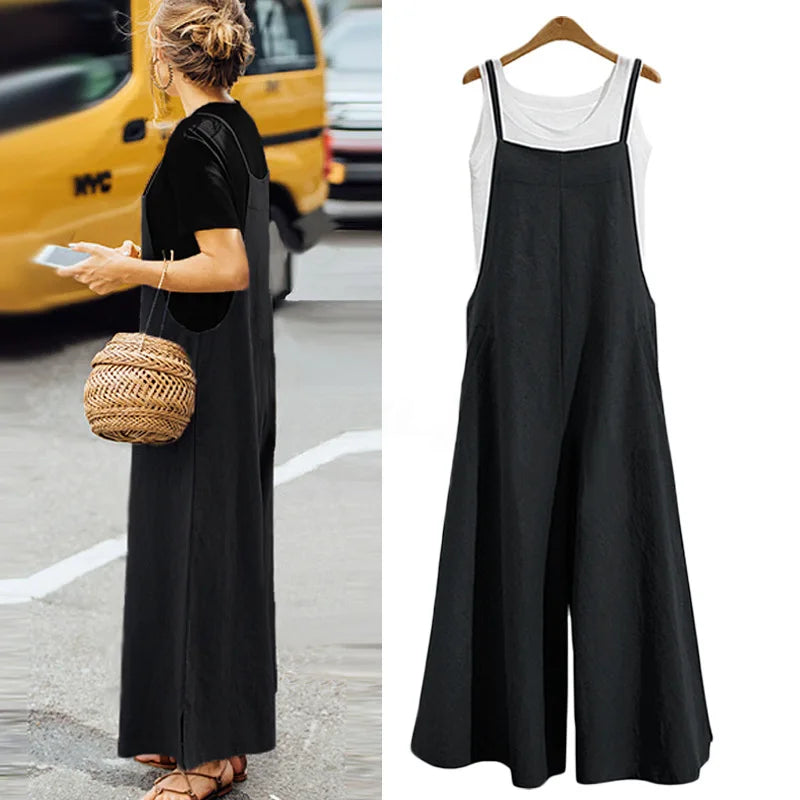 Women Casual Wide-Legged Jumpsuit Cotton Linen Breathable Sleeveless One-Piece Loose Long Jumpsuit