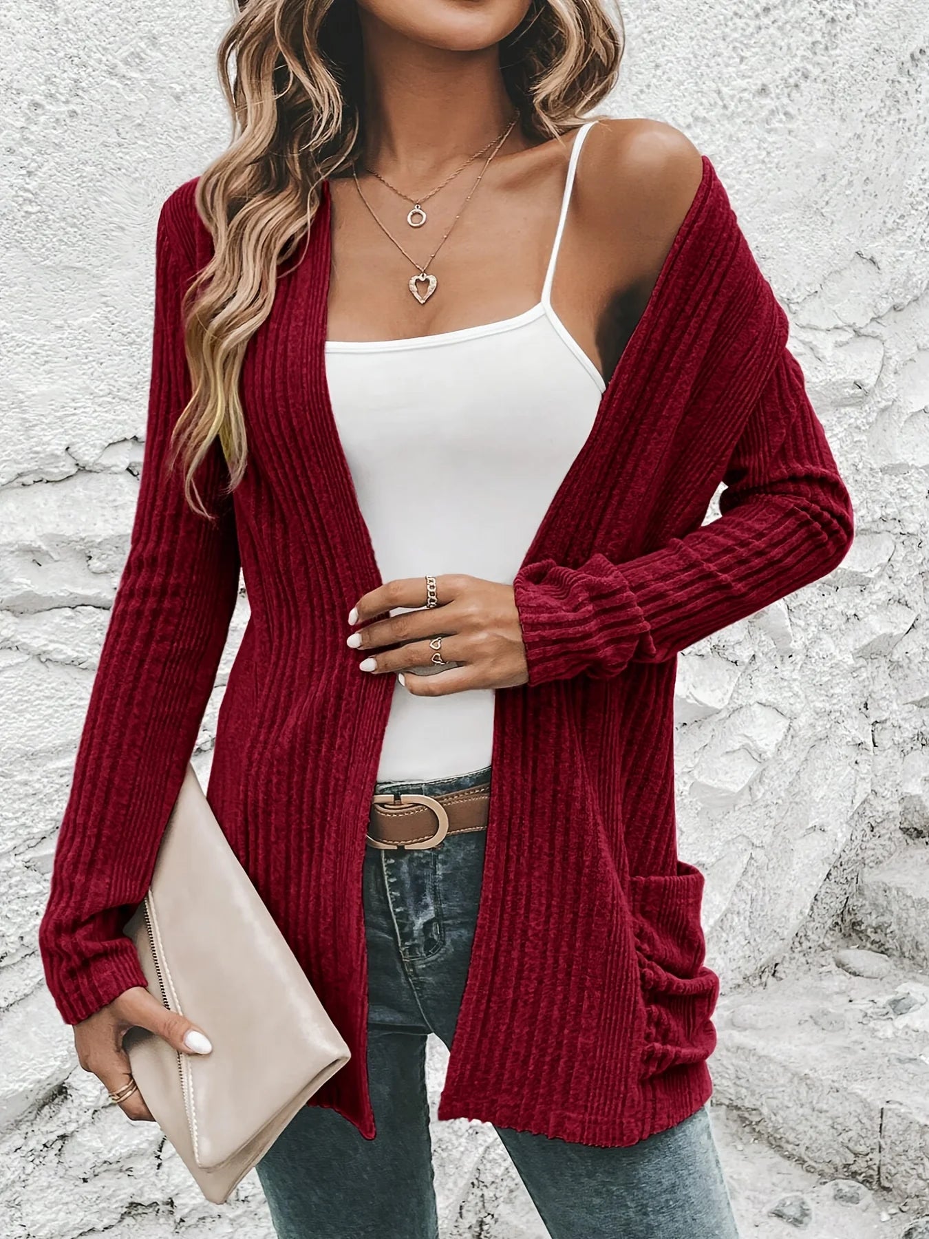 Elegant open front solid cardigan, long sleeve double pocket cardigan, suitable for spring and autumn, women's clothing  sweater