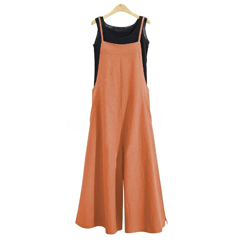 Women Casual Wide-Legged Jumpsuit Cotton Linen Breathable Sleeveless One-Piece Loose Long Jumpsuit