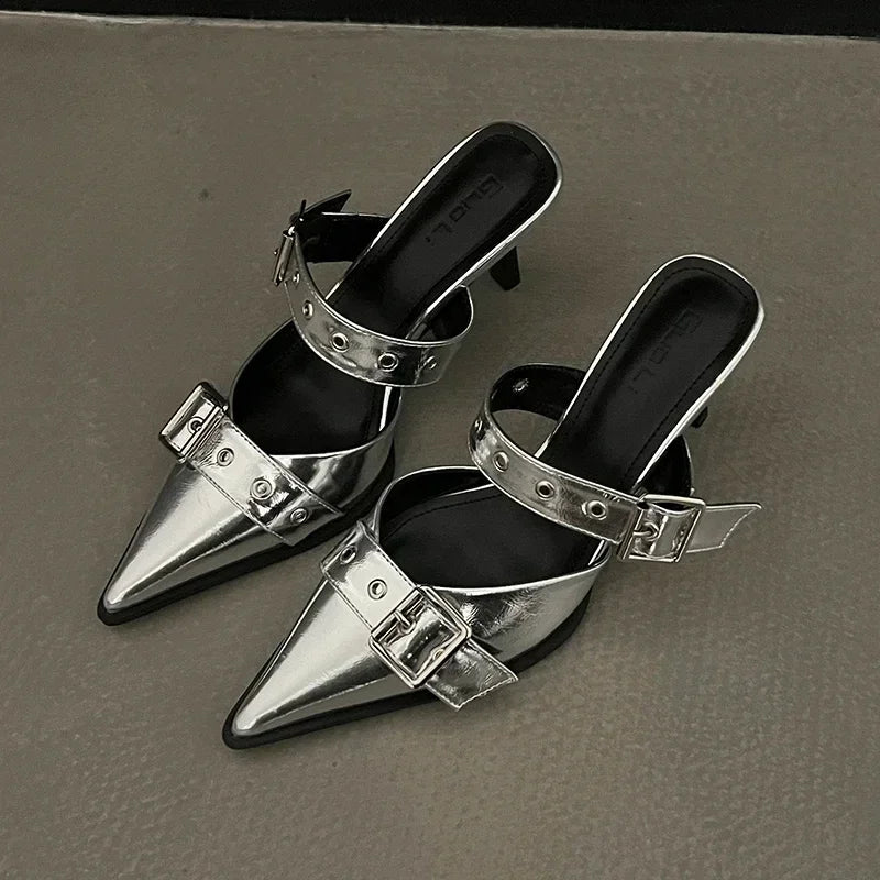 Metal Buckle High Heels Women's Sandals Summer  Pointed Toe Silver Party Shoes Fashion Womens Pumps heel shoes