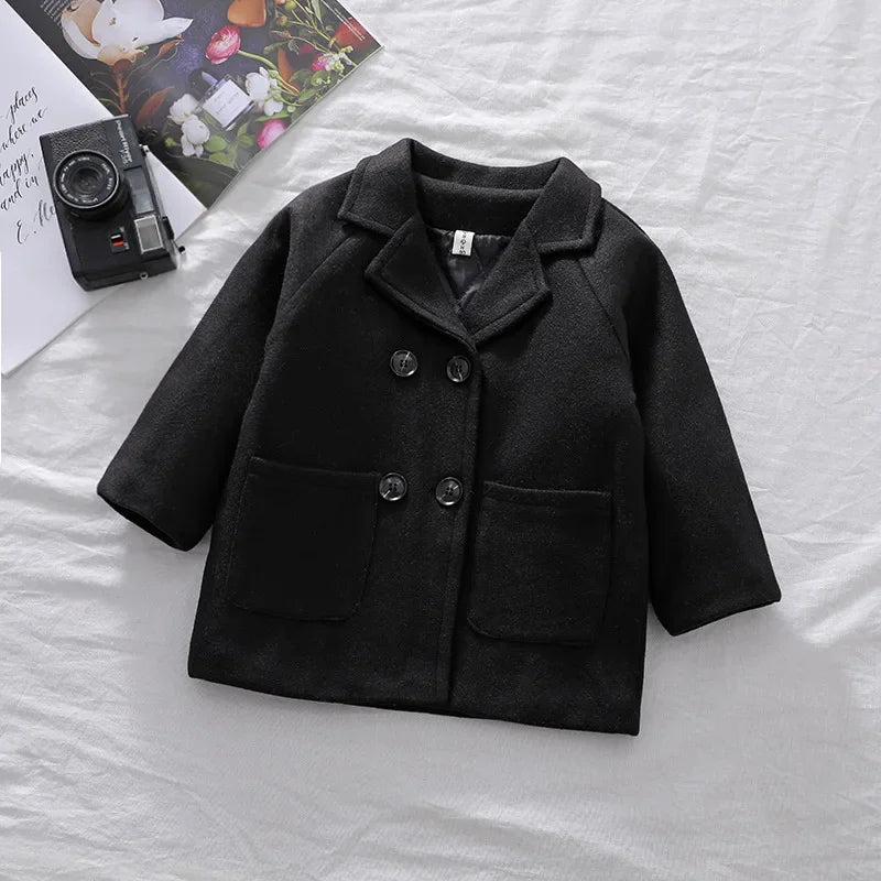 Autumn Winter Boys Fashion Jacket Solid Color Lapel Double-Breasted Long Woollen Overcoat For 2-6 Years Boys Handsome Outwear boys jackets and coats