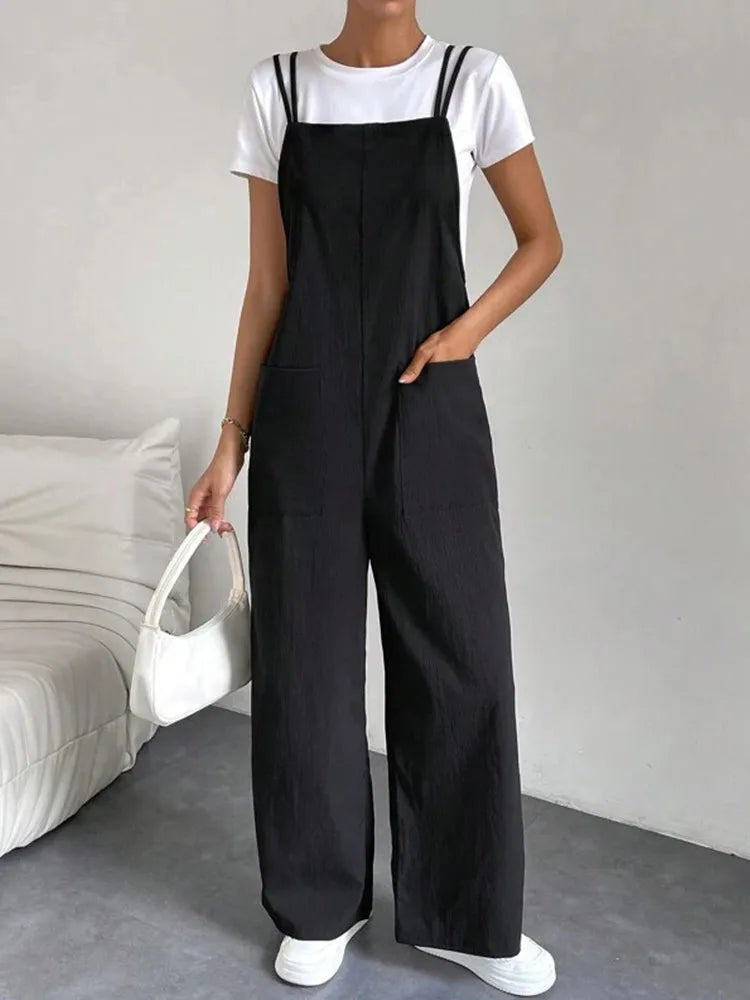 European and American Suspender Jumpsuit Women's Summer New Fashion Casual Solid Long Wide Leg Women Overalls Jumpsuit