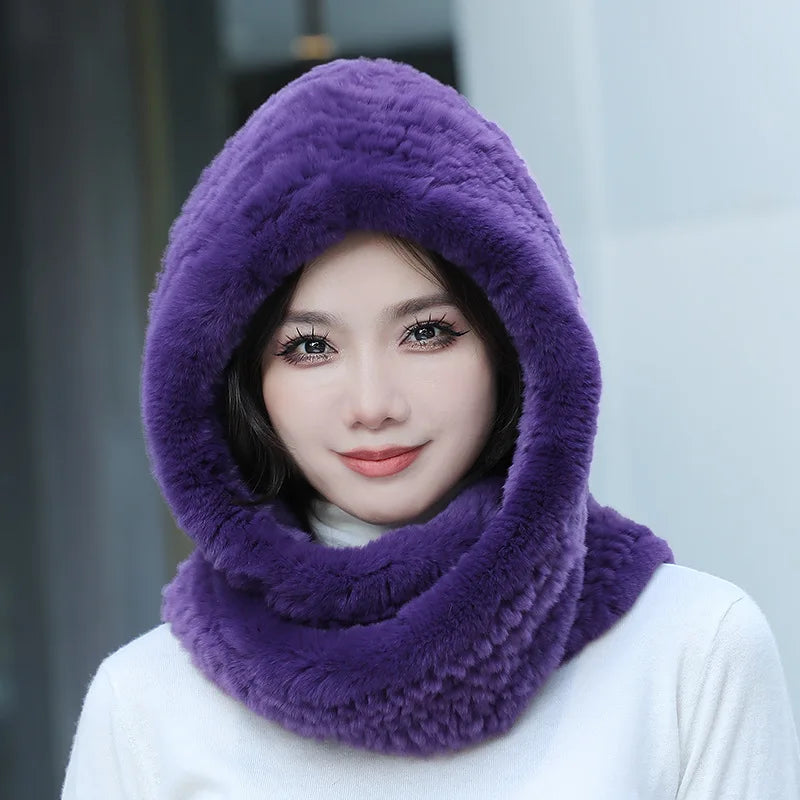 Hot Sale New Women Real Knitted Rex Rabbit Fur Hat Hooded Scarf Long Winter Warm Fur Hat With Neck Collar Scarves Hat Scarf scarf and shawl