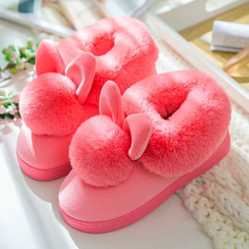 Winter Warm Home Fur Boots Womens Indoor Home Rabbit Shoe Furry Ears Footwear Indoor Bedroom Flat Heels Fluffy Ankle Boots