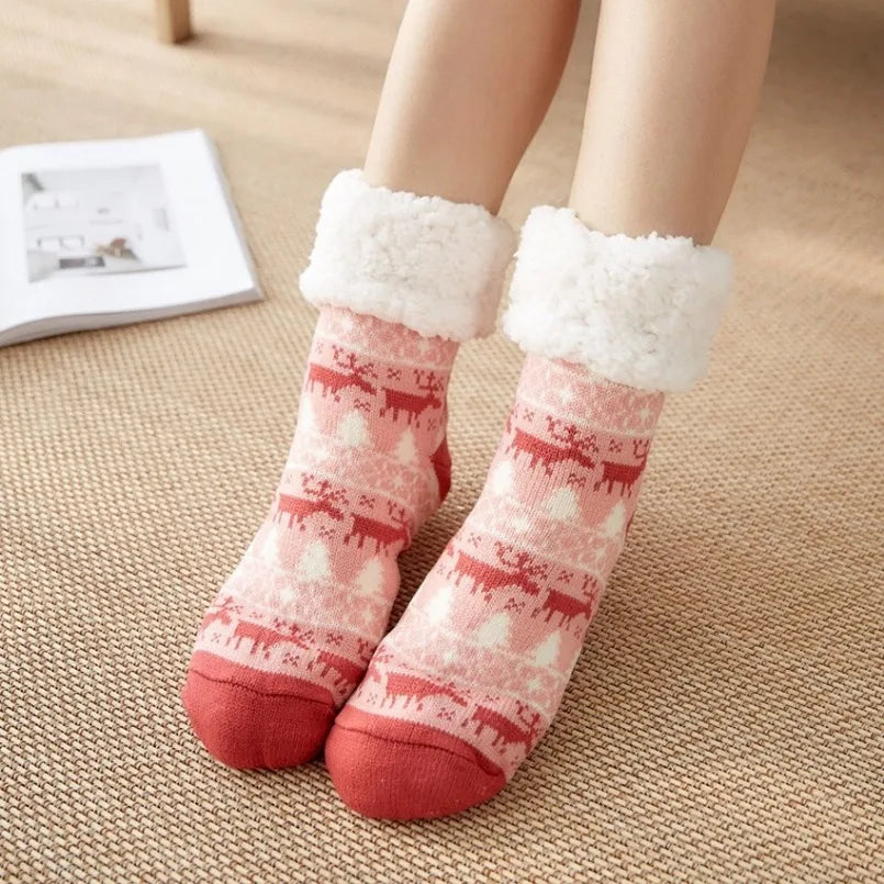 Winter Warm Socks Women penguin Plush Soft Female Non Grip Floor Slippers Short Sock Fuzzy Fluffy Deer Elk Bear Christmas Gift Socks