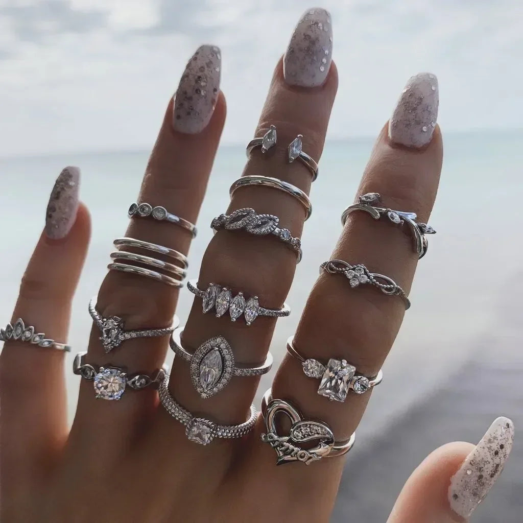 10Pcs Rings Suit For Women Silver-color Chain Ring Set Bohemian Style Coin Snake Moon Star Party Trend Gift Jewelry  rings