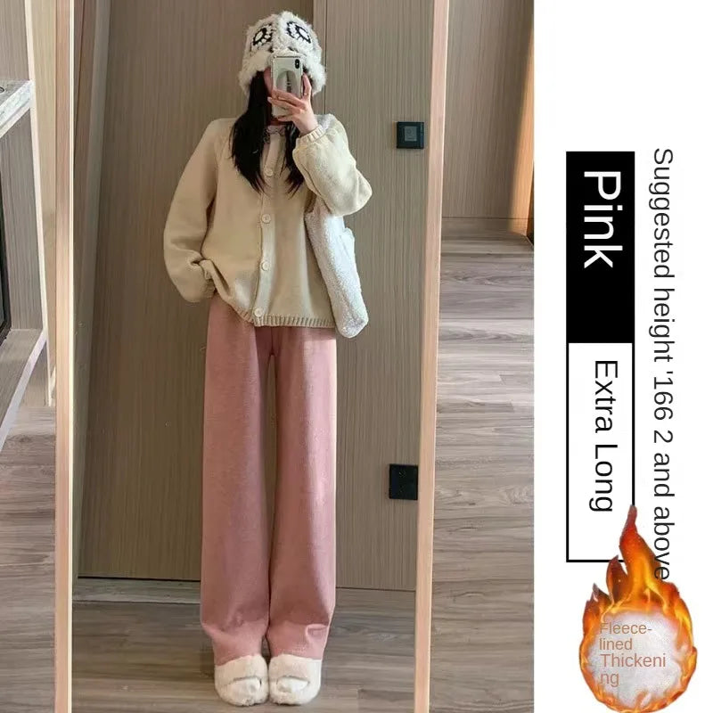 Autumn Winter Korean Fleece Women Thicken Pants Elastic Waist Stright Long Wide Leg Pants Fleece-lined Knitting Warm Trousers bottom