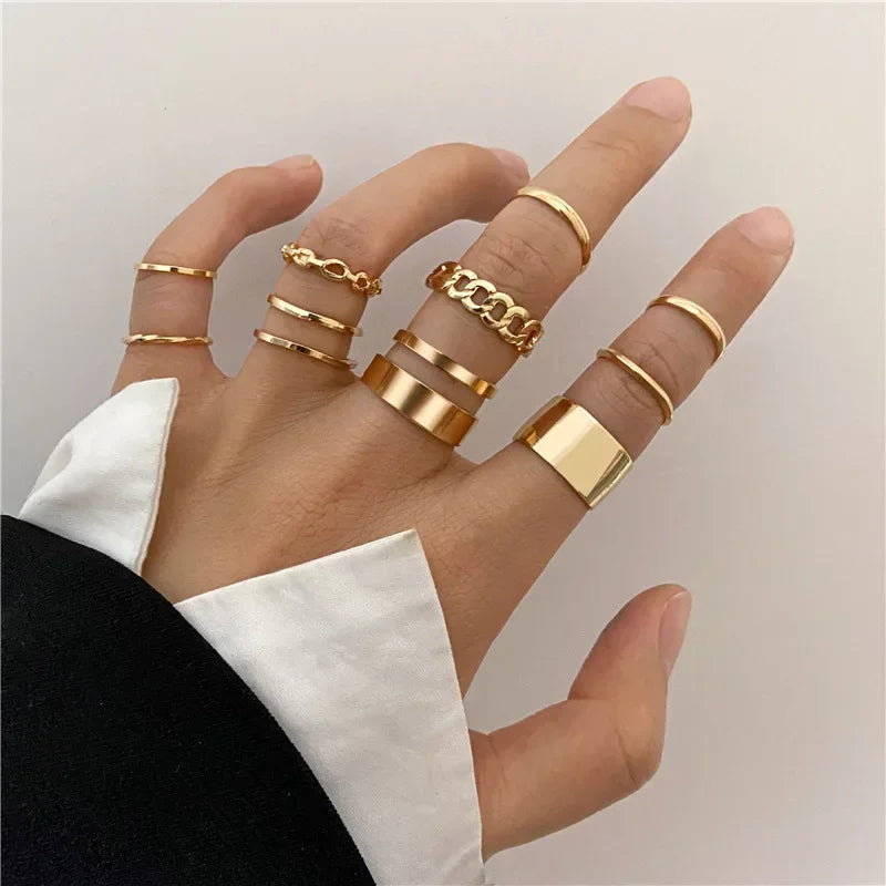 10Pcs Rings Suit For Women Silver-color Chain Ring Set Bohemian Style Coin Snake Moon Star Party Trend Gift Jewelry  rings