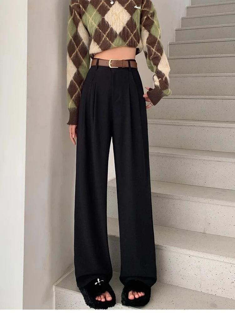 Fashion High Waist Wide Leg Pants Women Spring Fall Baggy Black Trouser Office Ladies Full Length Straight Suit Pant Outwear New bottom