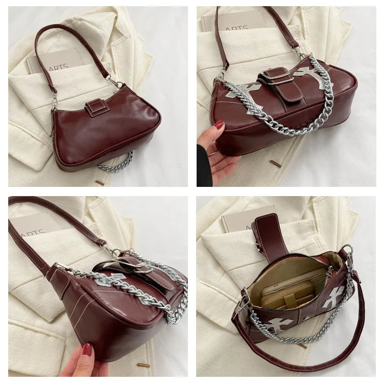 Cool Chain Y2k Girls Underarm Bags Simple Pu Leather Women's Small Shoulder Bag Fashion Retro Female Clutch Handbags Purse bags