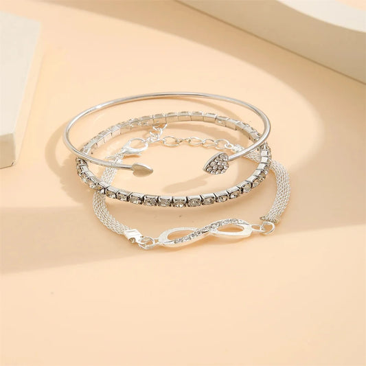 Set vintage in argento con cristalli e strass a forma di cuore, braccialetti da donna alla moda, polsino infinito regolabile geometrico