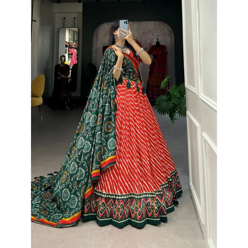 Elegant Leheriya Tussar Silk Lehenga Choli Patola Bandhani Print Indian Fashion Design party lehnga