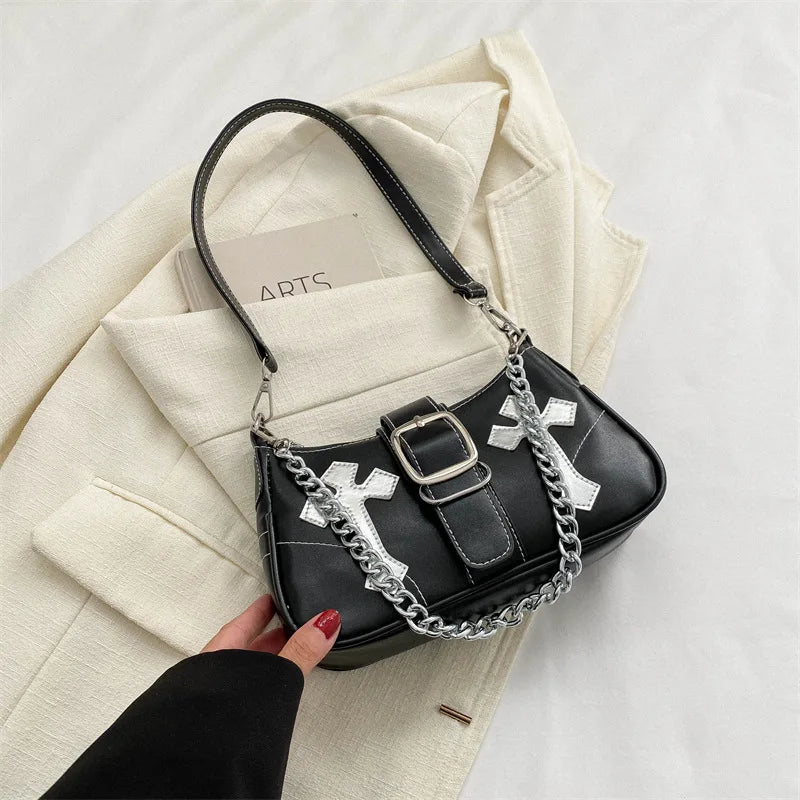 Cool Chain Y2k Girls Underarm Bags Simple Pu Leather Women's Small Shoulder Bag Fashion Retro Female Clutch Handbags Purse bags