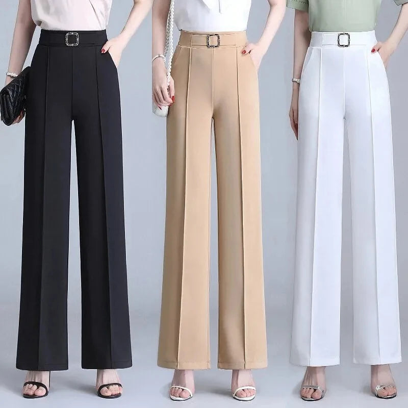 Khaki High Waist Ice Silk Wide Leg Pantalones 2023 Summer Design Mom's Straight Trousers Elegant Elastic Waist Baggy Pants Women bottom