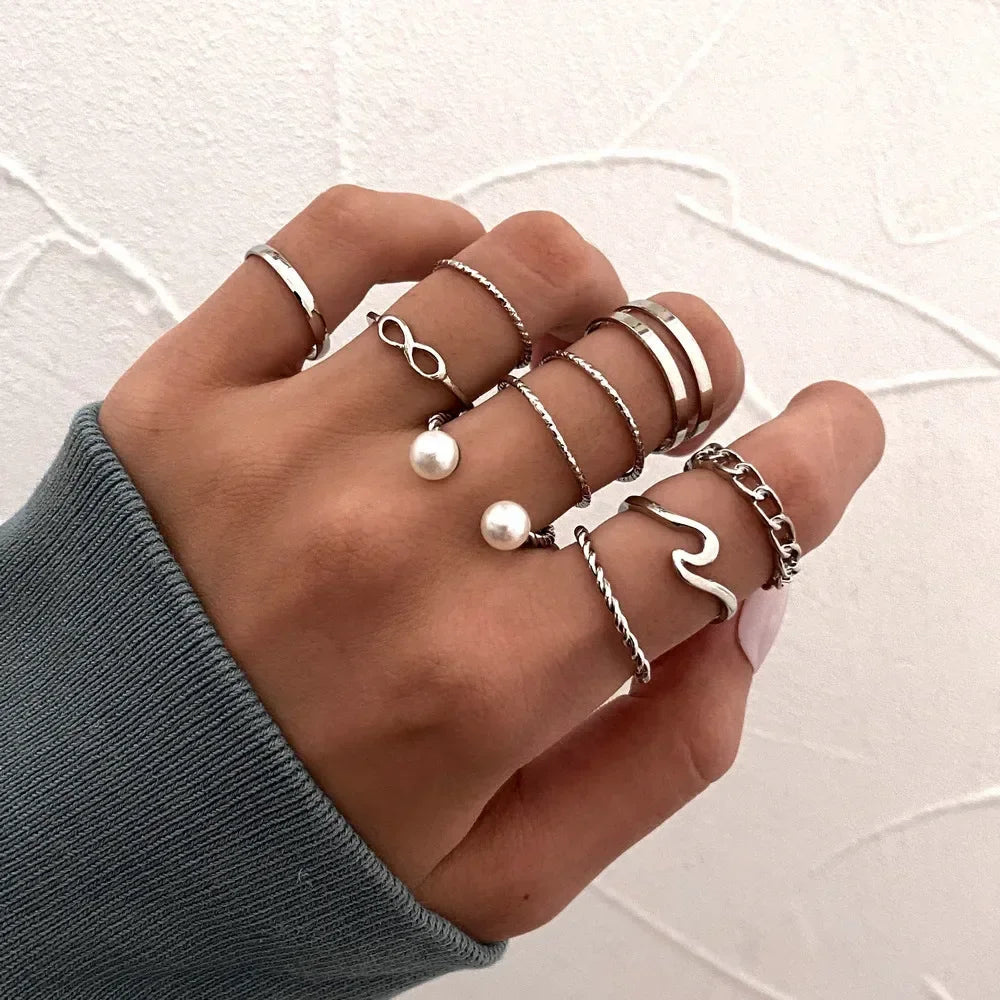 10Pcs Rings Suit For Women Silver-color Chain Ring Set Bohemian Style Coin Snake Moon Star Party Trend Gift Jewelry  rings