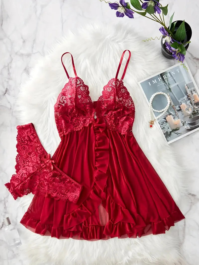 Contrast Lace Ruffle Trim Lingerie Set, Deep V Slip Dress & Thong, Women's Sexy Lingerie & Underwear night wear