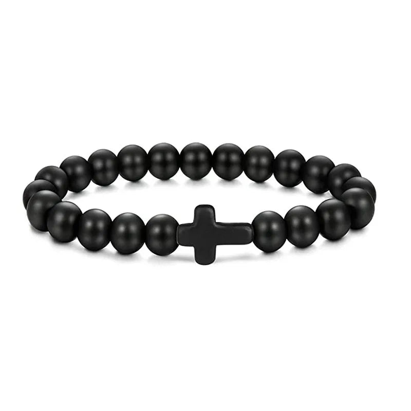 Prayer Men Natural Stone Wood Beads Rosary Hematite Cross Bracelets Onyx Meditation Bracelet Women Yoga Jewelry Homme Pulsera bracelete