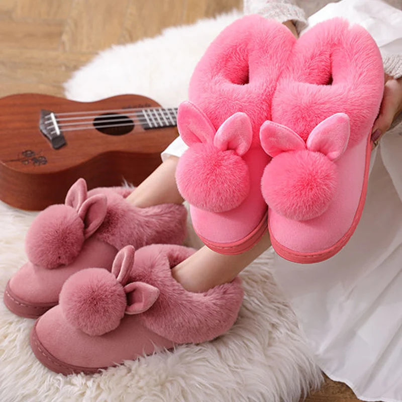 Winter Warm Home Fur Boots Womens Indoor Home Rabbit Shoe Furry Ears Footwear Indoor Bedroom Flat Heels Fluffy Ankle Boots