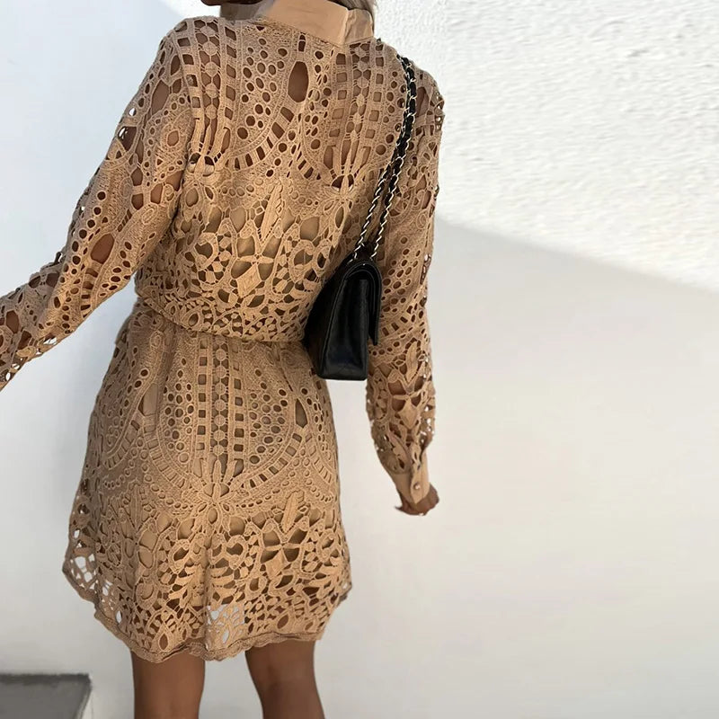 Women's Solid Color Hollow Out Lace Dress Summer New Dress Shirt Women's Sexy Single-Brewed Long Sleeve Stand Collar long Dress