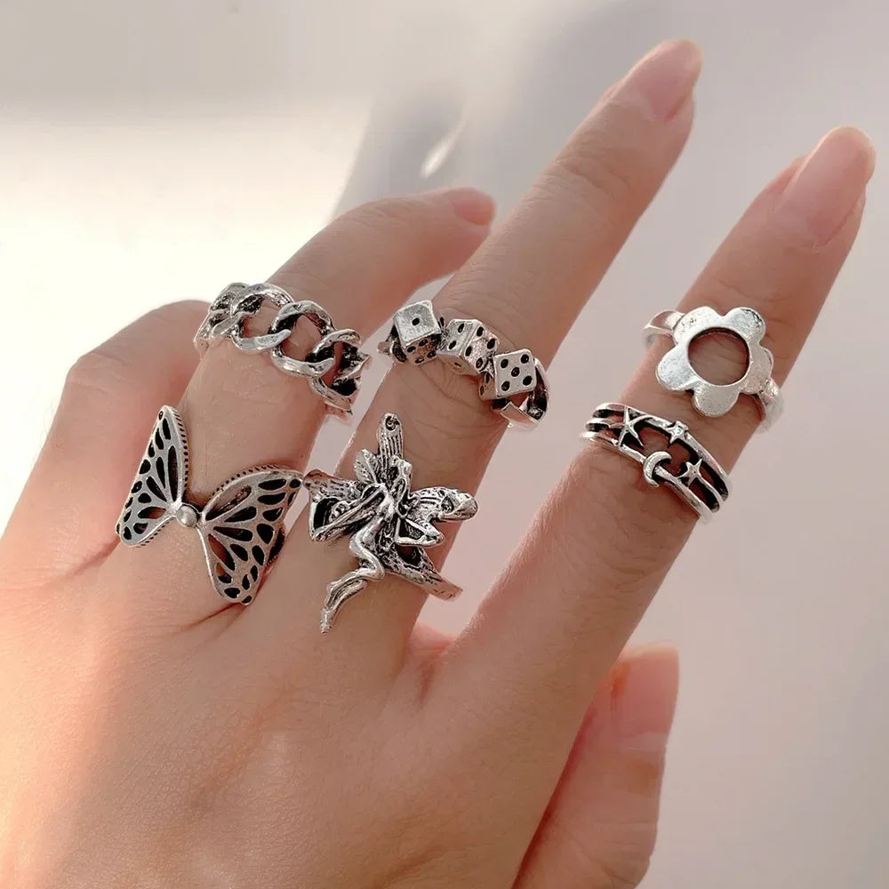 10Pcs Rings Suit For Women Silver-color Chain Ring Set Bohemian Style Coin Snake Moon Star Party Trend Gift Jewelry  rings