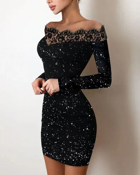 New Spring Women's Fashion, Elegance, Leisure, Sexy Long sleeved Lace Edge, One Shoulder Silver Powder Sprinkled  long Dress party dress