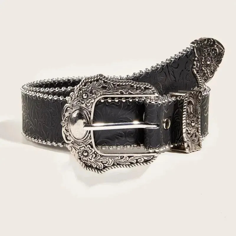 Western PU Leather Belt Western Cowboy Women Cowgirl Unisex Waist Belt with Metal Engraved Buckle belt