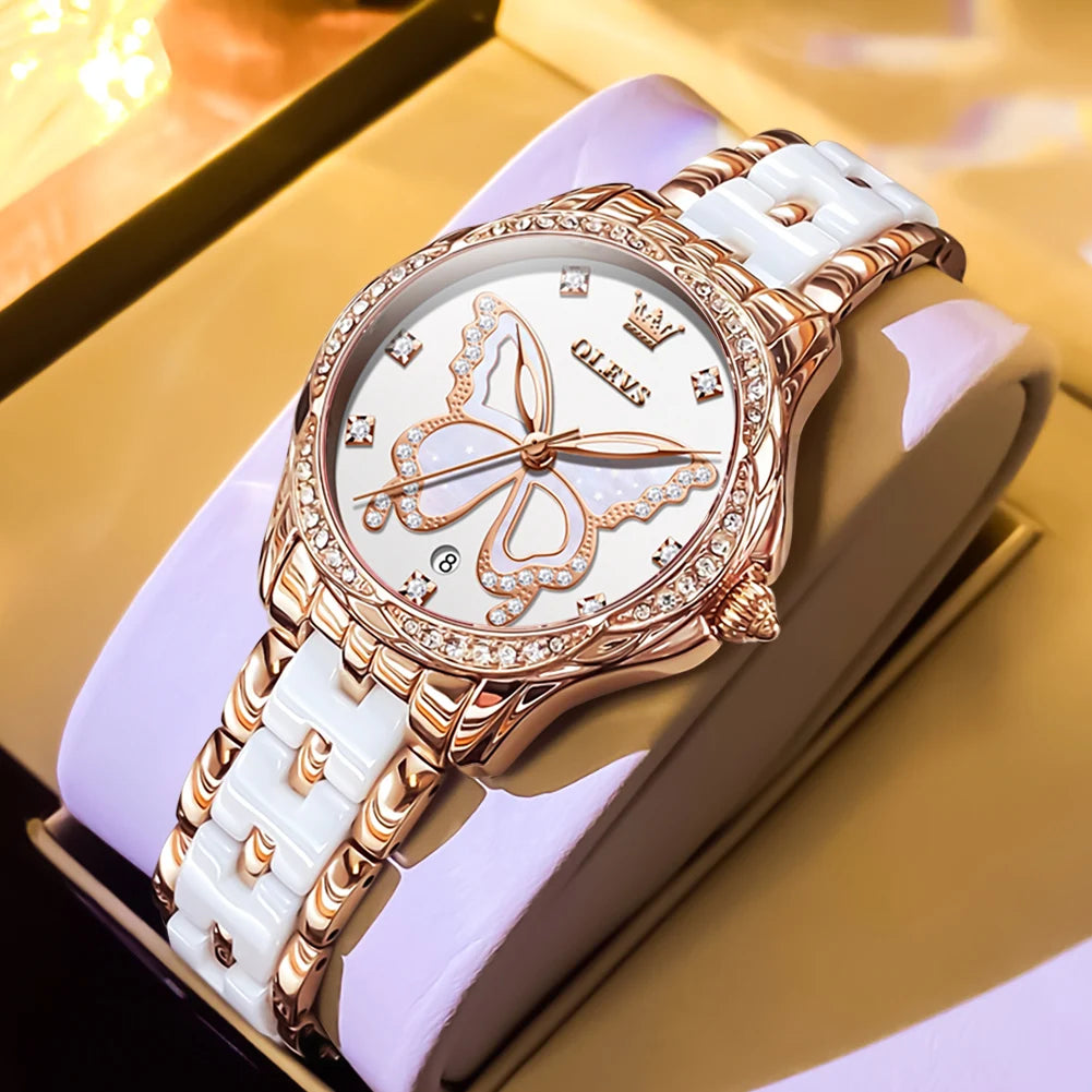 OLEVS Women's Watches Elegant Fashion Dress Original Quartz Wristwatch Butterfly Dial Ceramic Strap Waterproof Luminous Watch