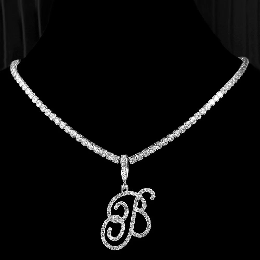 New Cursive Letters Cubic Zirconia Chain Intial Name Necklace Hip Hop Jewelry Gold Silver Color CZ 26 Alphabet Pendant Necklaces necklace