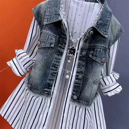 Two Denim Shirts Women's  Western Style Joker Fashion Stitching Striped Tops