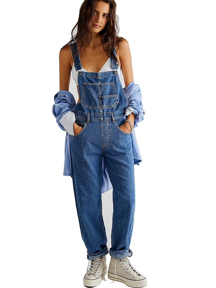 Washed Denim Overalls For Women, Internet Celebrity Style, Age-reducing, Loose Wide-leg Floor-length Trousers, jumpsuit