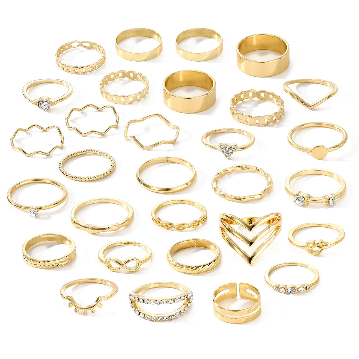 30 Pieces Set Gold Color Silver Color Rings for Women Zircon Crystal Ripple Geometric Ring Stacking Rings Fashion Jewelry  rings