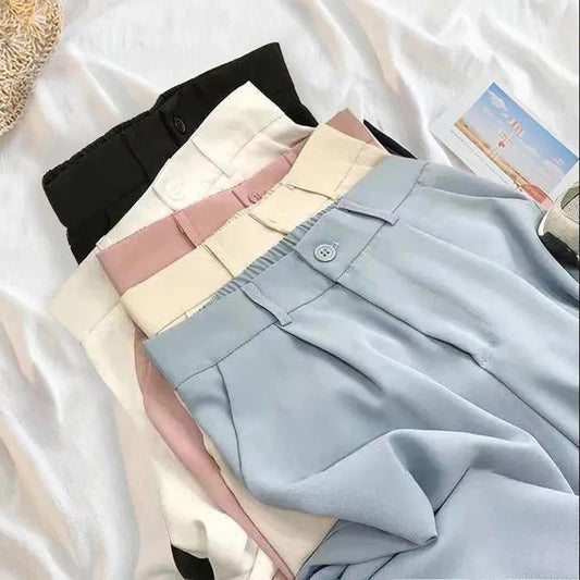 Women Fashion Suit Pant High Waist Casual Loose Straight Solid Trouser Office Lady Streetwear Button Up Elastic Nine Points Pant bottom