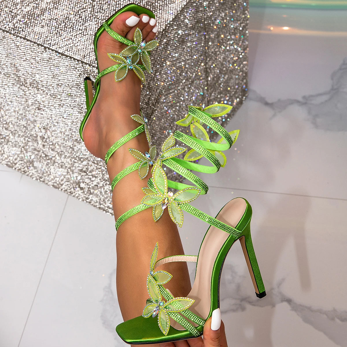 Elegant Design Crystal Butterfly-knot Ankle Strap Woman Sandals Sexy Open Toe Thin High Heels Stripper Party Pumps Shoes party sandal