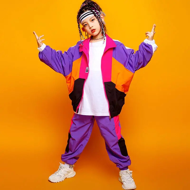 Boys Hip Hop Contrast Coat Girls Jazz Joggers Clothes Set Kids Street Dance Patchwork Jacket Sweatpants Child Costume Streetwear boys dress