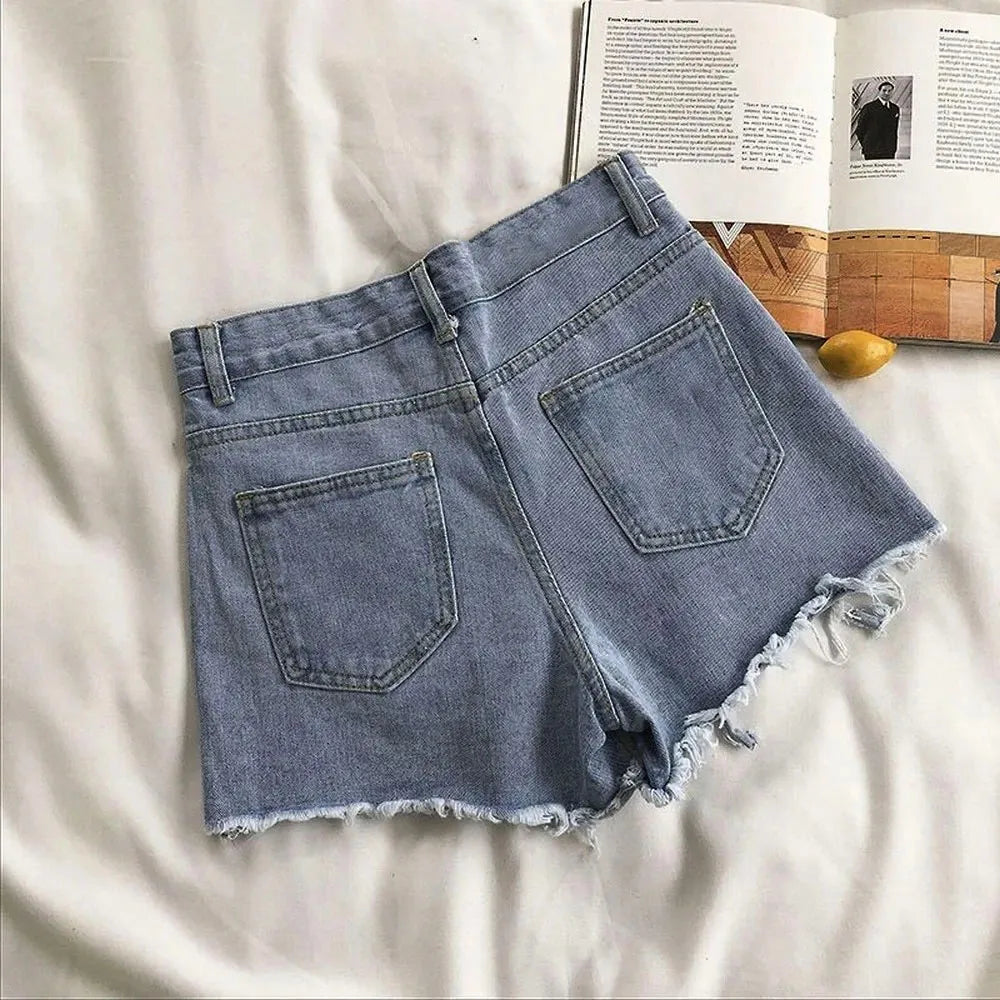 Women's Cowboy Shorts High Waist Casual Blue Denim Shorts Pocket Tassel Perforated Fashion Shorts Y2K Female Jeans shorts