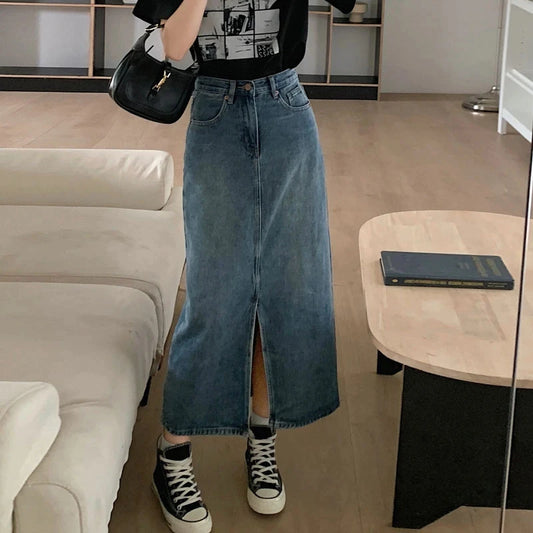 Women's Denim Wrap Skirts Retro High Waisted Split A-Line Denim Skirt Autumn Fashion Straight Skirt