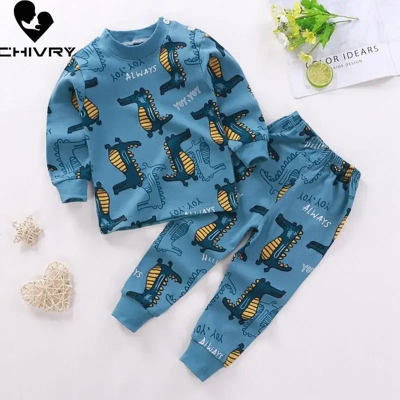 New Kids Boys Girls Pajama Sets Cartoon Print Long Sleeve Cute T-Shirt Tops with Pants Toddler Baby Autumn Sleeping Clothes night wear boys