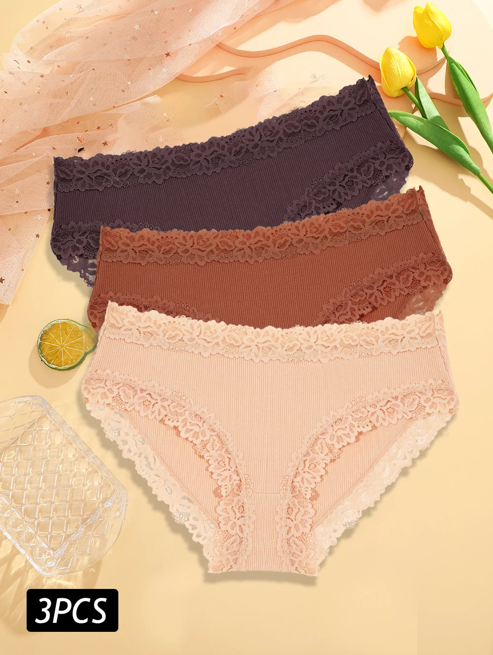 3PCS/Set Sexy Lace Cotton Panties for Women Flroal Lace Seamless Briefs Low Rise Lingerie Female Breathable Soft Underwear S-XL undergarments