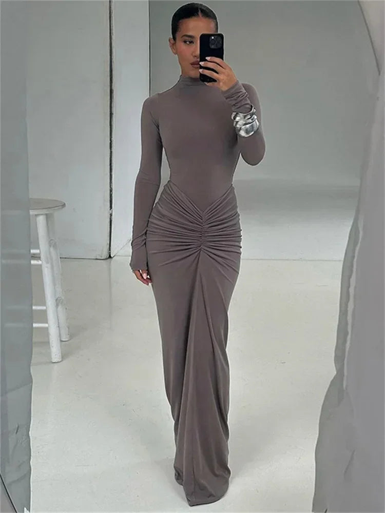 Fashion Patchwork Long Dress Women's High Waist Long Sleeve Solid Slim Party Dress Summer  Female Maxi Dress party dress