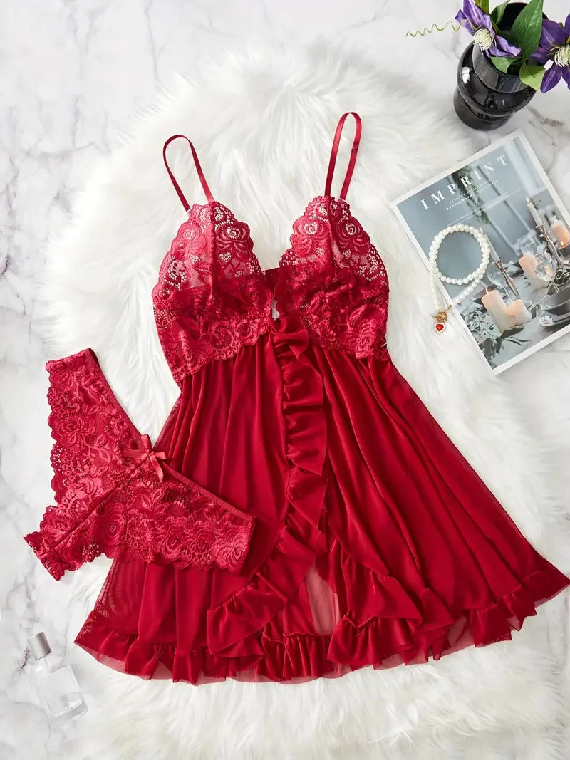 Contrast Lace Ruffle Trim Lingerie Set, Deep V Slip Dress & Thong, Women's Sexy Lingerie & Underwear night wear