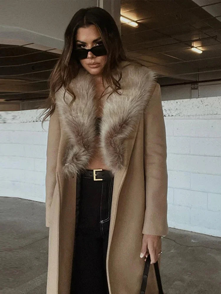 Fur Collar Long Woolen Coat Belt Lace Up Waist Cinching Pocket Plush Wool Overcoat Fashion Outwear Top Winter Women's Clothing coat