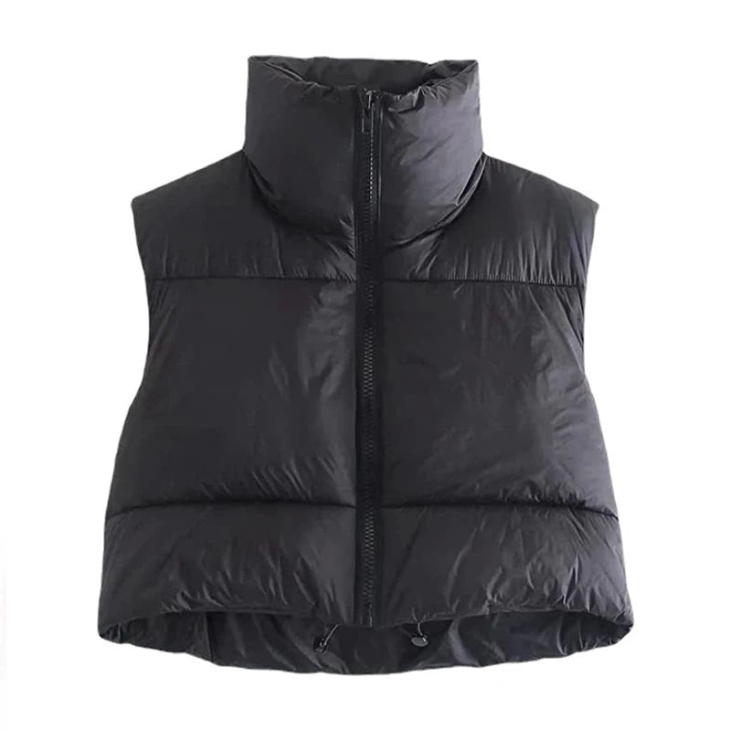 Women's Short Cotton Down Vest Short Stand-up Collar Warm Sleeveless Quilted Vest Outdoor Travel Jacket Tops coat