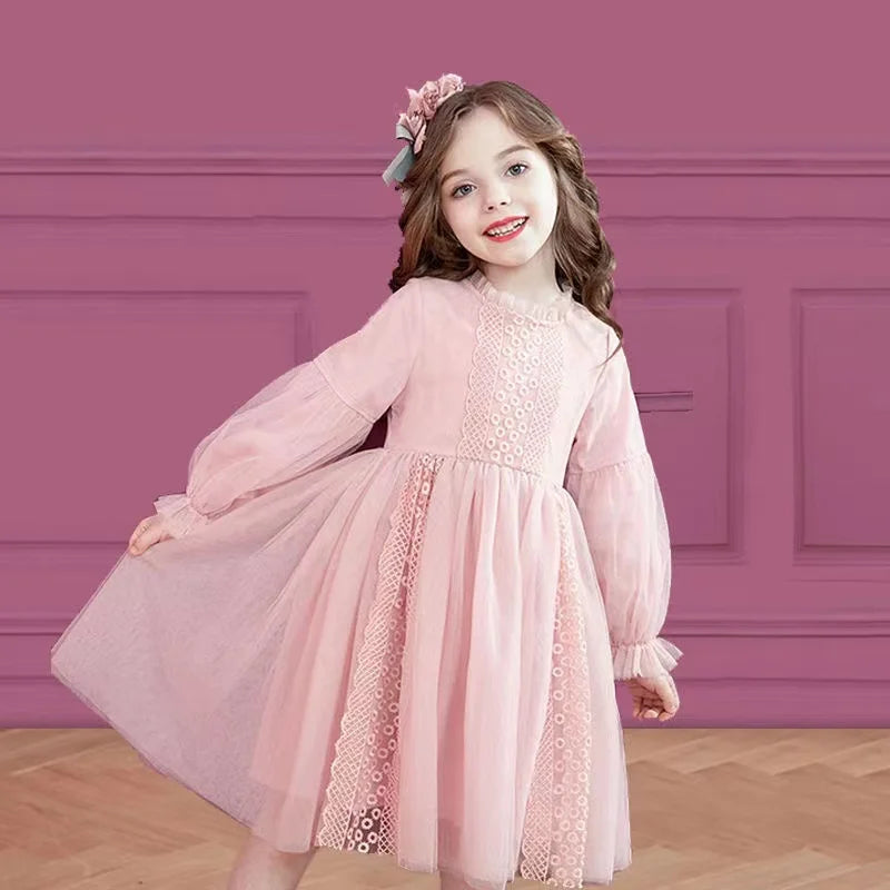 Spring Autumn Kids Girls Dresses Lantern Sleeve Lace Princess Dress Pearl Sweet O-neck Mesh Party Children's Clothing Vestidos girls dresses