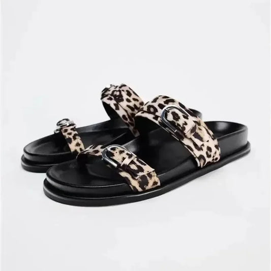 Leopard Print Platform Sandal for Woman Classic Buckle Design Casual Thick Bottom Ladies Beach Shoes Open Toe Flat casual shoes