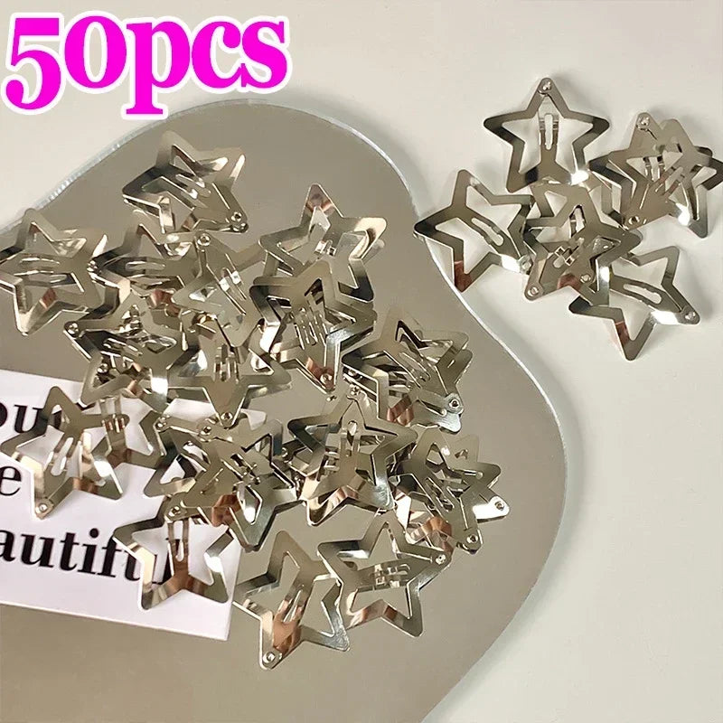 2/50Pcs Y2K Silver Star Hair Clips for Girls Filigree Star Metal Snap Clip Hairpins Barrettes Hair Jewelry Nickle Free Bobby Pin   hairclips