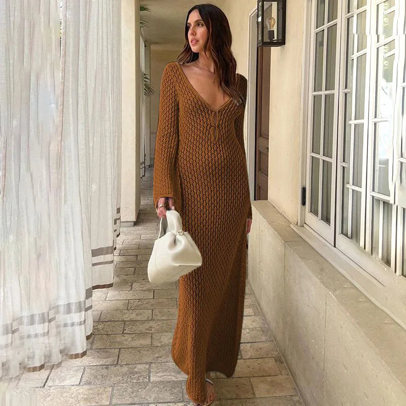 Women Long Knit Dress Hollow Out Deep V-Neck Long Sleeve Bikin Fashion Cover Up Beach Club Sexy Elegant See Through Dresses New long dress party dress