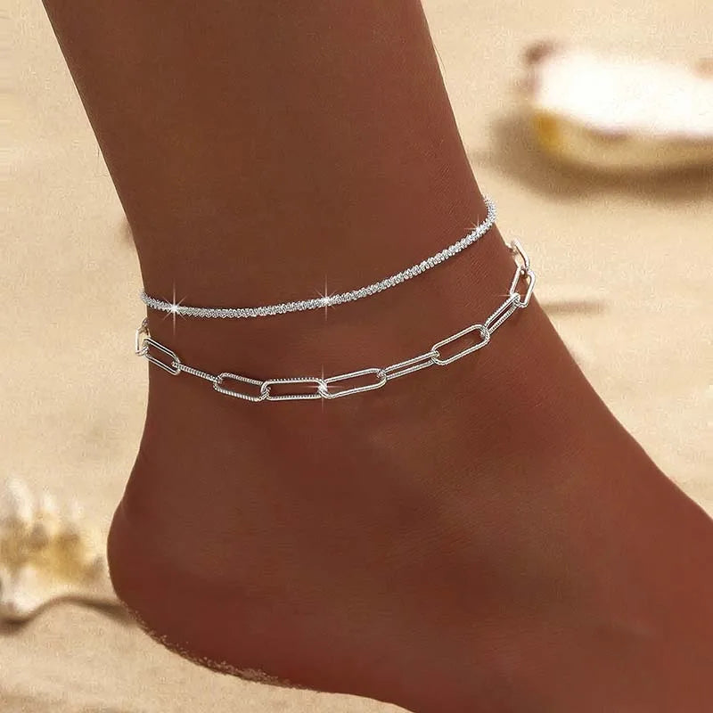 Thin Chain Anklet For Women Zircon Heart Cross Pendant Double Layer Bracelet On Leg Foot Trendy Summer Beach Jewelry anklet