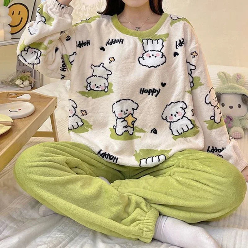 Winter Cute Duck Flannel Pajamas Set for Women Kawaiii Pattern Teddy Sleepwear for Girl Fashion Pullover Velvet Woman's Pijamas night wear