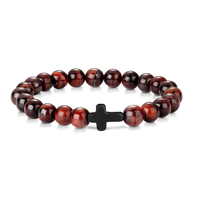 Prayer Men Natural Stone Wood Beads Rosary Hematite Cross Bracelets Onyx Meditation Bracelet Women Yoga Jewelry Homme Pulsera bracelete